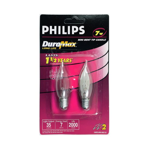 2Pk - Philips 7w 120v C7 CA5 Clear E12 Candelabra Mini Bent Tip Candle Light Bulb Online