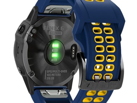 KALEBOL KLB-SSSPKGJ-001 For Garmin QuickFit 26mm Watch Band Breathable Double Row Holes Silicone Strap - Midnight Blue+Yellow For Sale