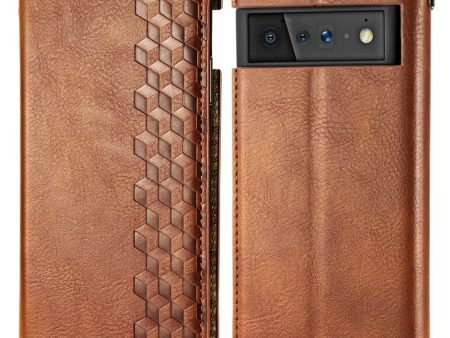 Leather case with a stylish rhombus imprint for Google Pixel 6 - Brown Hot on Sale