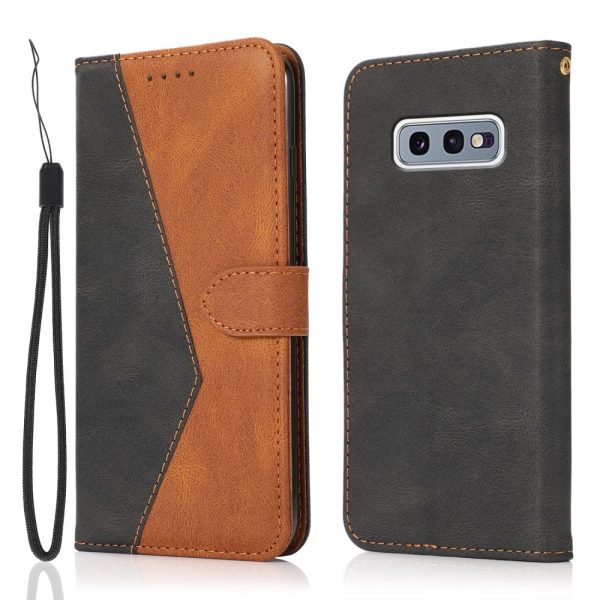 Color Splicing Leather Wallet Stand Mobile Phone Protection Cover Shell with Lanyard for Samsung Galaxy S10e - Black Brown Online