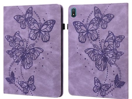 Nokia T20 Butterfly Imprinted Tablet Stand Case Vegan Leather Card Holder Shockproof Cover with Elastic Band - Purple Hot on Sale