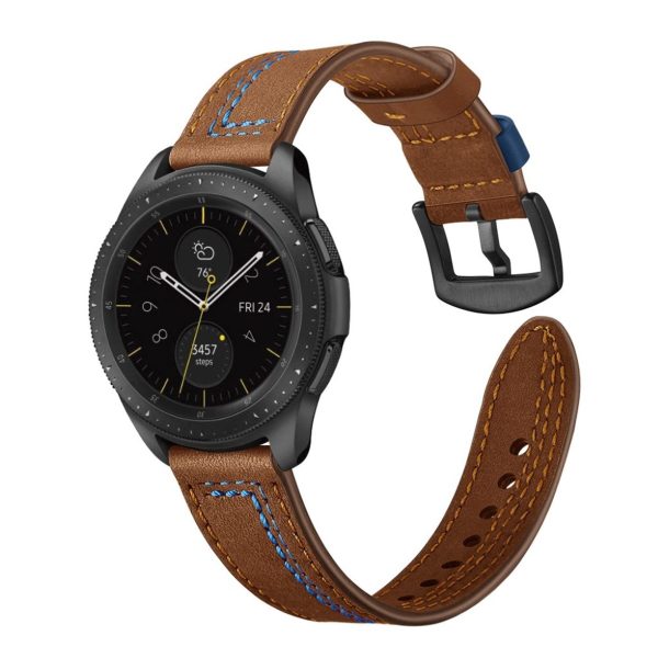 Huawei Watch GT   Samsung Galaxy Watch 46mm stitches texture genuine leather watch band - Brown Online Hot Sale