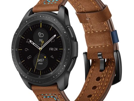 Huawei Watch GT   Samsung Galaxy Watch 46mm stitches texture genuine leather watch band - Brown Online Hot Sale