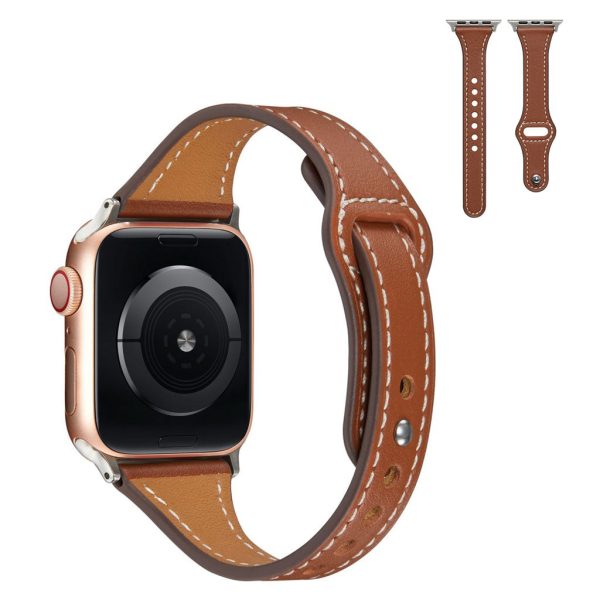 Apple Watch 44mm slender rivet design genuine leather watch strap - Brown Online