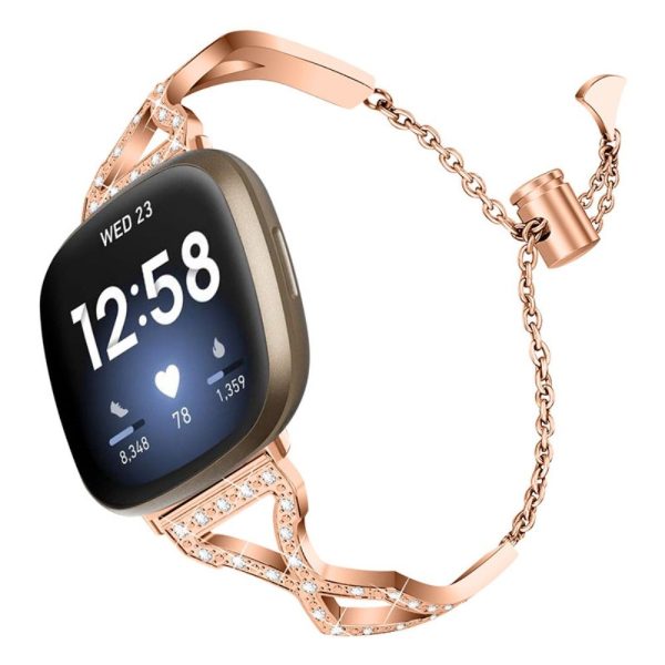 Fitbit Sense   Versa 3 rhinestone 304 stainless steel watch strap - Rose Gold For Sale