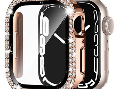 Apple Watch Series 9 8 7 45mm Watch Case Rhinestone Electroplating Watch Cover with Tempered Glass Film - Rose Gold Online now