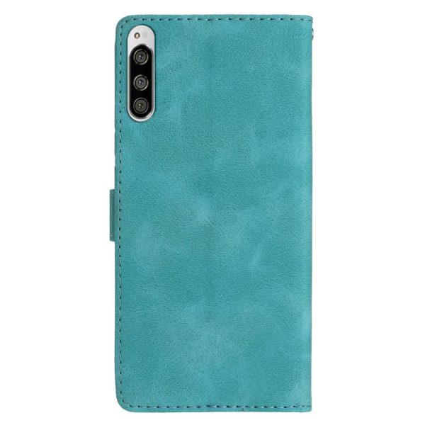 Flower Imprint Leather Case for Sony Xperia 5 , Wallet Stand Mobile Phone Protective Cover - Sky Blue Online Sale