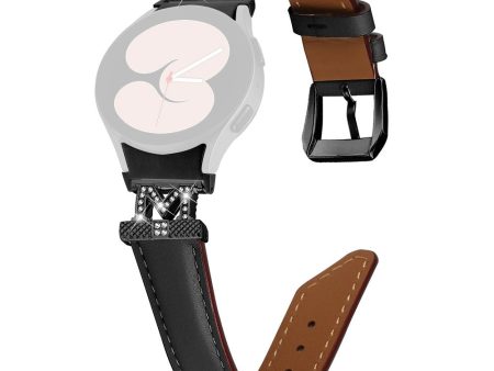 Genuine Cow Leather Band Samsung Galaxy Watch Universal Rhinestone M-shape Connector Watch Strap with Black Buckle - Black For Cheap