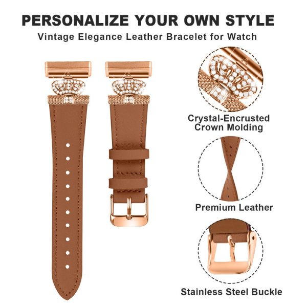 Fitbit Versa 4   Sense 2 Smooth Genuine Cow Leather Rhinestone Watch Strap - Brown For Cheap