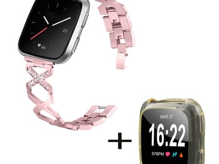 Fitbit Versa 2   Lite rhinestone décor stainless steel watch strap with clear yellow cover - Rose Pink Cheap