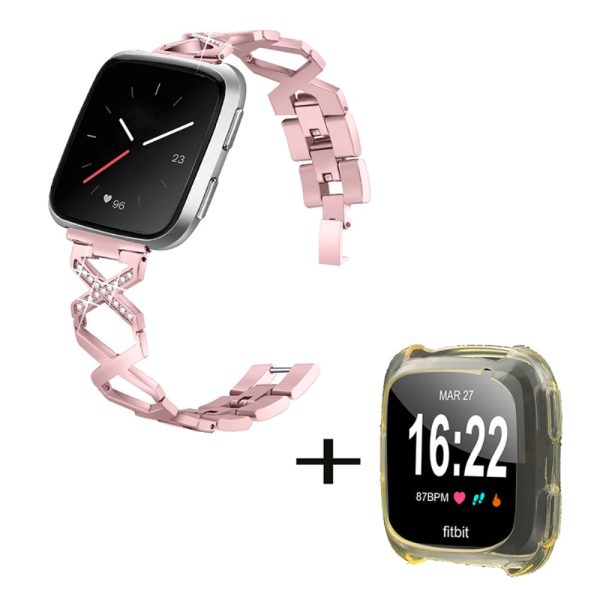 Fitbit Versa 2   Lite rhinestone décor stainless steel watch strap with clear yellow cover - Rose Pink Cheap