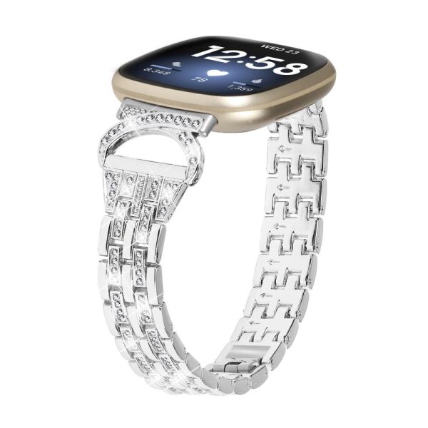 Fitbit Sense 2   Versa 4 rhinestone 5-bead décor stainless steel strap - Silver For Cheap