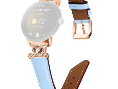 Google Pixel Watch   Pixel Watch 2 Rose Gold Buckle Genuine Cowhide Leather Adjustable Watch Strap with M Shape Rhinestone Decor - Blue For Cheap