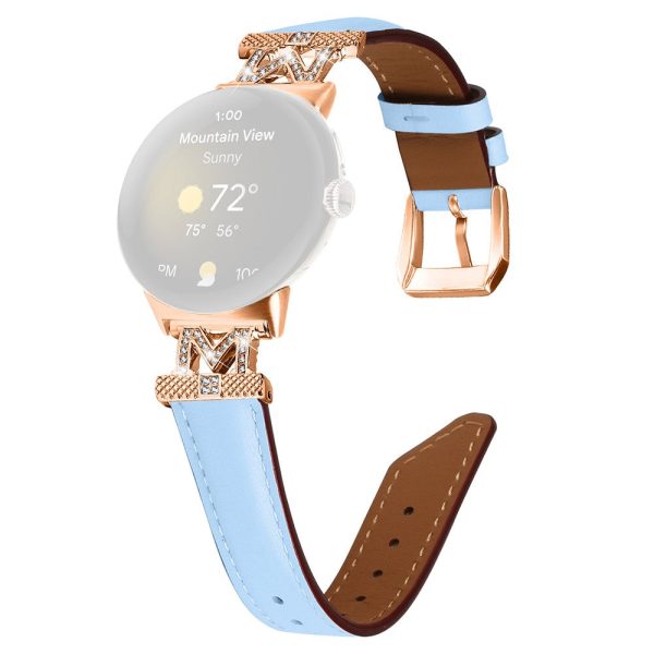 Google Pixel Watch   Pixel Watch 2 Rose Gold Buckle Genuine Cowhide Leather Adjustable Watch Strap with M Shape Rhinestone Decor - Blue For Cheap