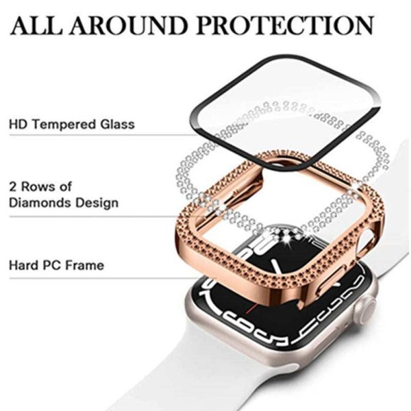 Apple Watch Series 9 8 7 45mm Watch Case Rhinestone Electroplating Watch Cover with Tempered Glass Film - Rose Gold Online now