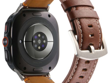 Samsung Galaxy Watch Ultra 47mm Watch Strap Stitching Lines Genuine Cow Leather Wrist Band - Crazy Horse Texture+Brown Supply