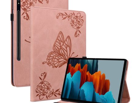 Pink Tablet Case for Samsung Galaxy Tab S9 Plus   S9 FE Plus with Butterfly Flower Imprint and Card Holder, Online Hot Sale