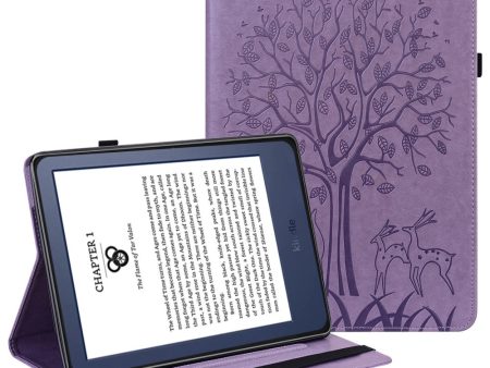 Amazon Kindle Paperwhite 6 (2022) Leather Tablet Case with Tree Deer Imprinted Stand Cover - Purple Supply