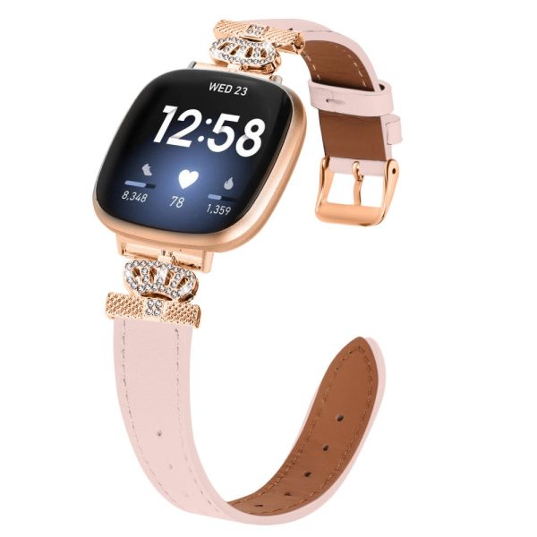 Fitbit Versa 4   Sense 2 Smooth Genuine Cow Leather Rhinestone Watch Strap - Pink Online now