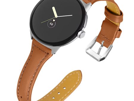 Google Pixel Watch genuine leather watch strap with silvcr connector - Brown Sale