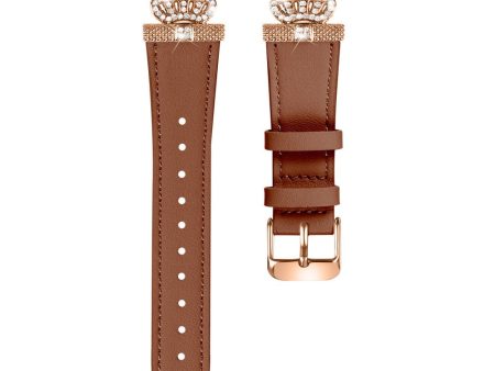 Fitbit Versa 4   Sense 2 Smooth Genuine Cow Leather Rhinestone Watch Strap - Brown For Cheap