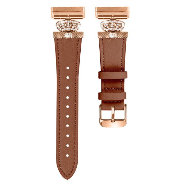 Fitbit Versa 4   Sense 2 Smooth Genuine Cow Leather Rhinestone Watch Strap - Brown For Cheap