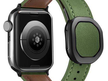 KALEBOL Apple Watch Series 49mm - 45mm - 44mm - 42mm Genuine Cow Leather Band - Army Green Online now