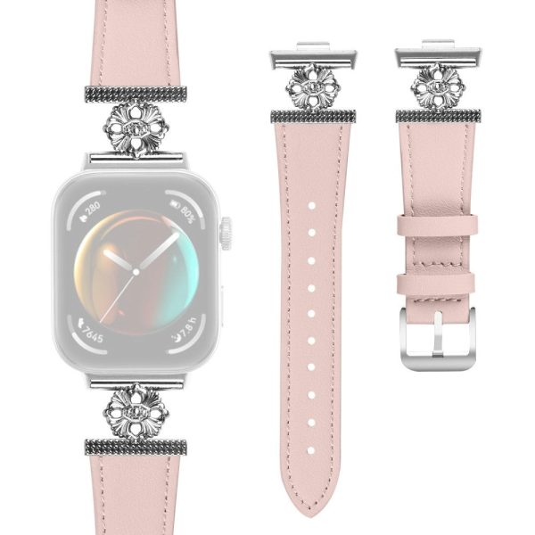 Huawei Watch Fit 3 Watch Band Genuine Cow Leather Flower Decor Adjustable Strap - Pink Online Sale