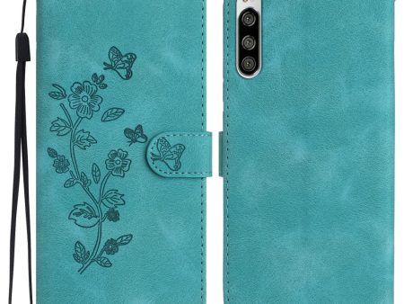 Flower Imprint Leather Case for Sony Xperia 5 , Wallet Stand Mobile Phone Protective Cover - Sky Blue Online Sale