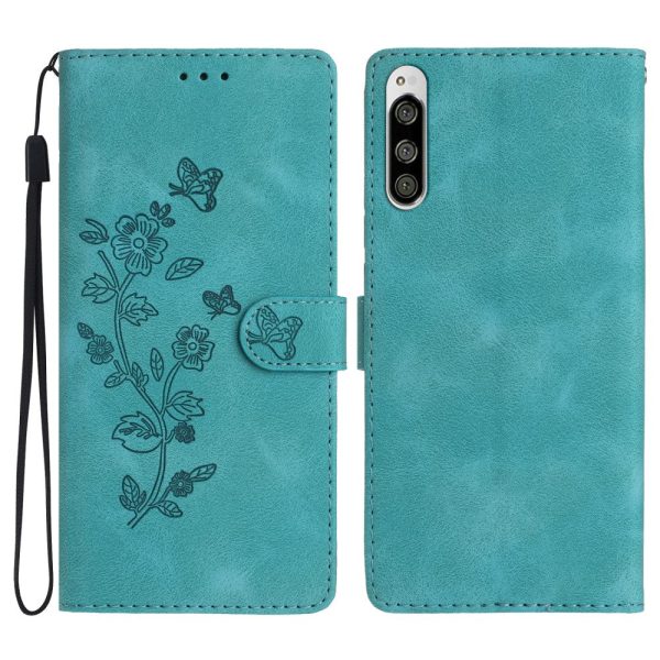 Flower Imprint Leather Case for Sony Xperia 5 , Wallet Stand Mobile Phone Protective Cover - Sky Blue Online Sale