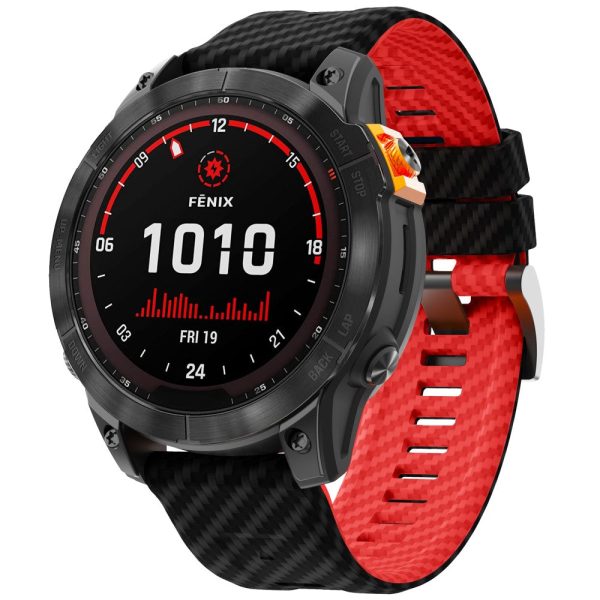 Garmin Fenix 7X Quickfit 26mm Carbon Fiber Texture Watch Strap Adjustable Silicone Band - Black+Red Cheap