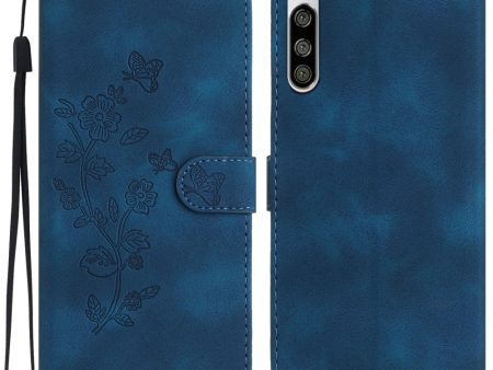 Flower Imprint Leather Case for Sony Xperia 5 , Wallet Stand Mobile Phone Protective Cover - Blue Online Sale