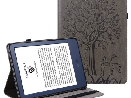 Amazon Kindle Paperwhite 6 (2022) Leather Tablet Case with Tree Deer Imprinted Stand Cover - Grey Supply