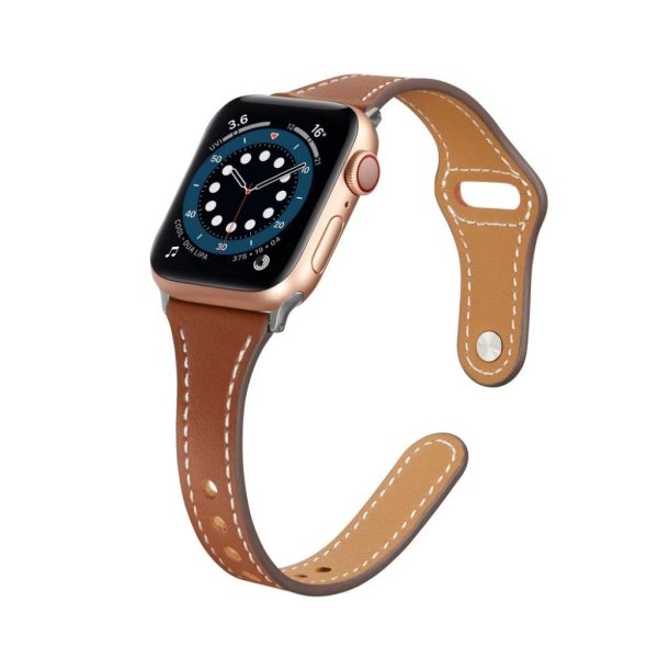 Apple Watch 44mm slender rivet design genuine leather watch strap - Brown Online