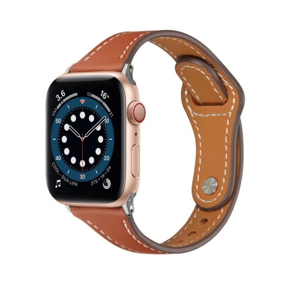 Apple Watch 44mm slender rivet design genuine leather watch strap - Brown Online